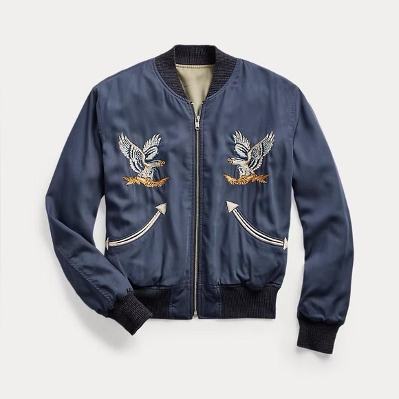 RRL Reversible Bomber Jacket Eagle Embroidery Twill Western Indigo Tan 4 EUC - Picture 1 of 10